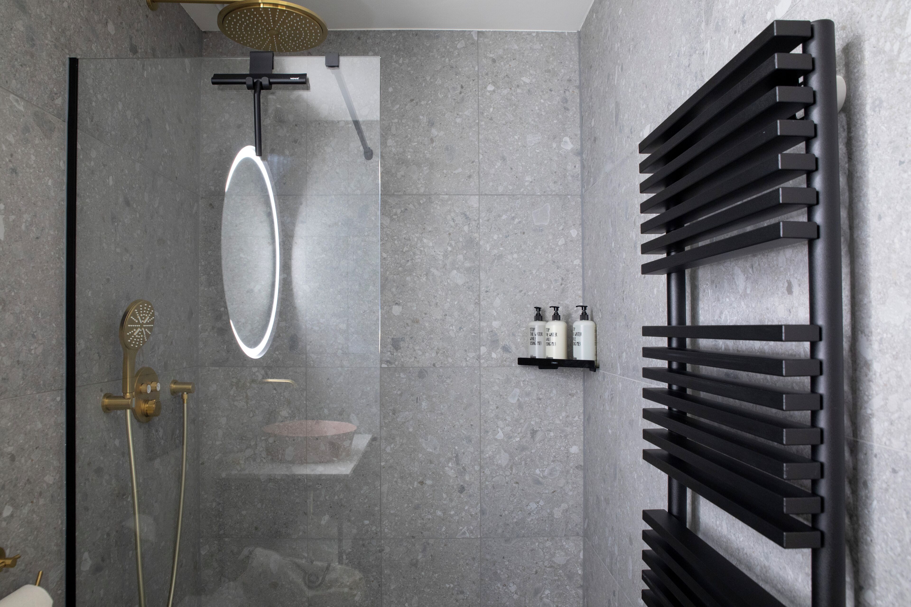 Un baño moderno con ducha de vidrio, toallero negro y un pequeño estante con artículos de aseo.