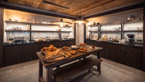 A bakery counter with pastries and bread, equipped with coffee machines and a coffee maker. - Hotel de la Roche (Beaufort)