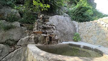 A stone fountain surrounded by lush greenery and a rocky landscape.