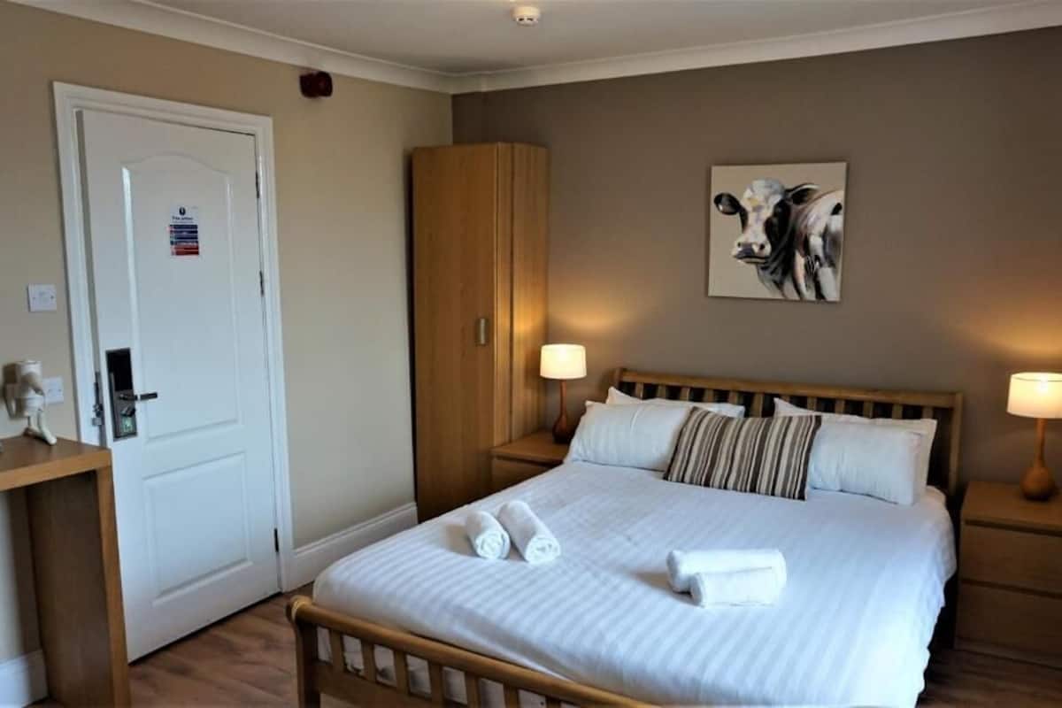 A neatly arranged bedroom with a bed, bedside lamps, a wooden wardrobe, and a wall-mounted artwork.
