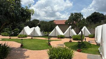 Un patio con carpas blancas, césped verde y plantas en macetas.