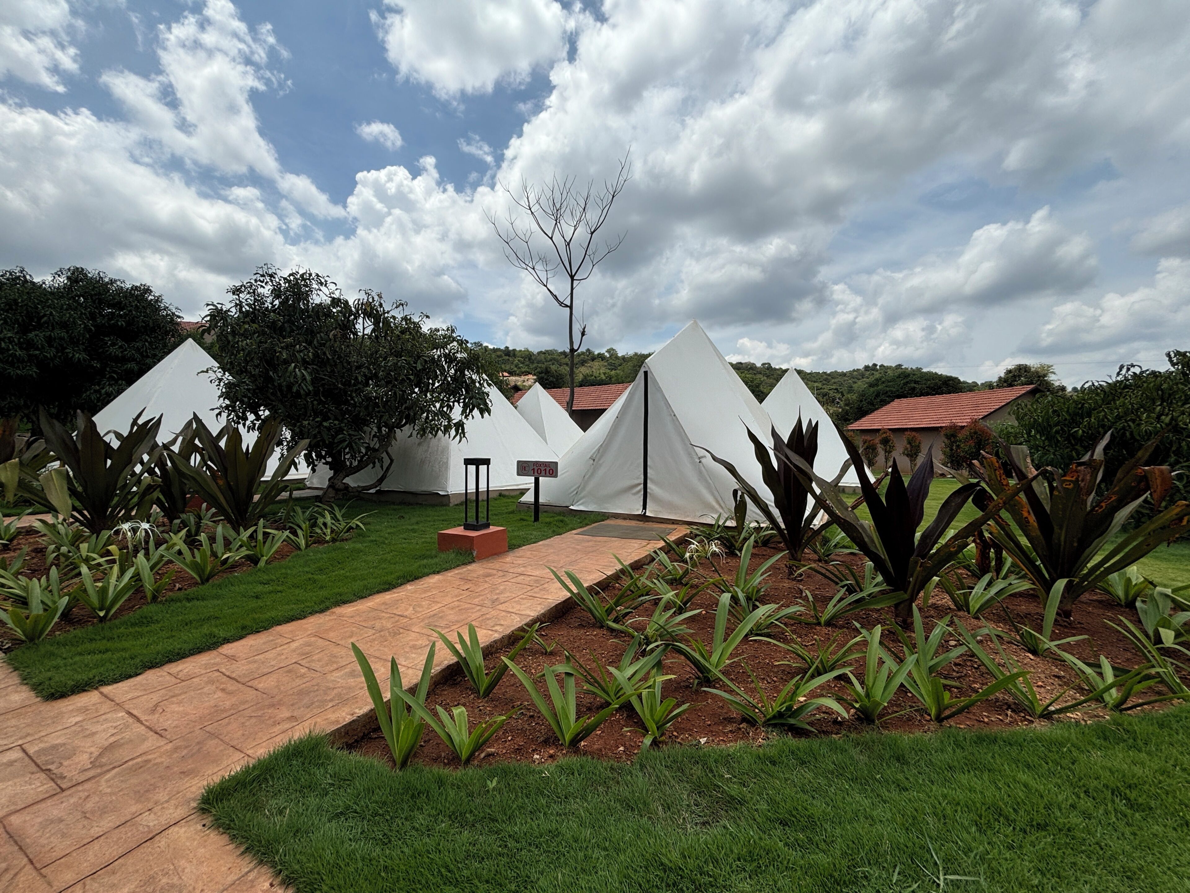 A series of white tents arranged in rows with a paved walkway in between, surrounded by well-maintained grassy areas and tropical plants.