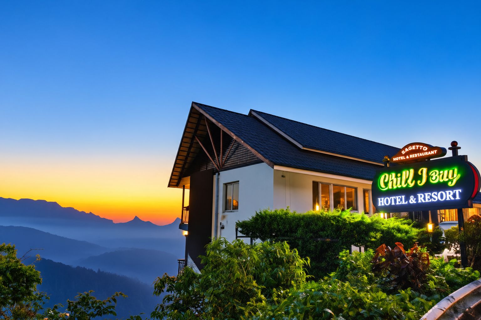 A hotel named 'Chill I Buy' with a sign indicating it's a hotel and resort, surrounded by lush greenery and mountains in the background.
