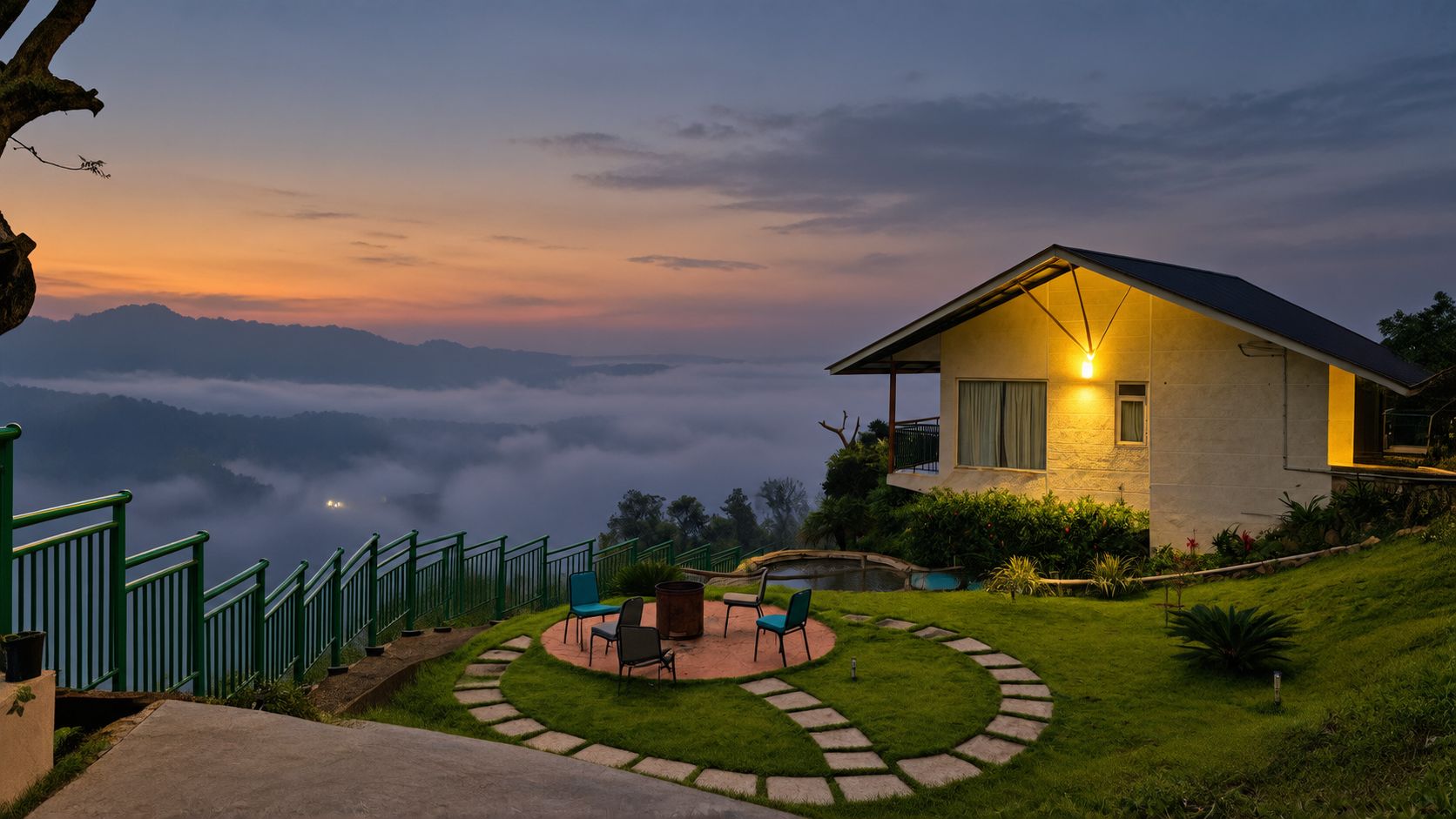 A house with a circular patio, a stone pathway, and a view of the mountains.