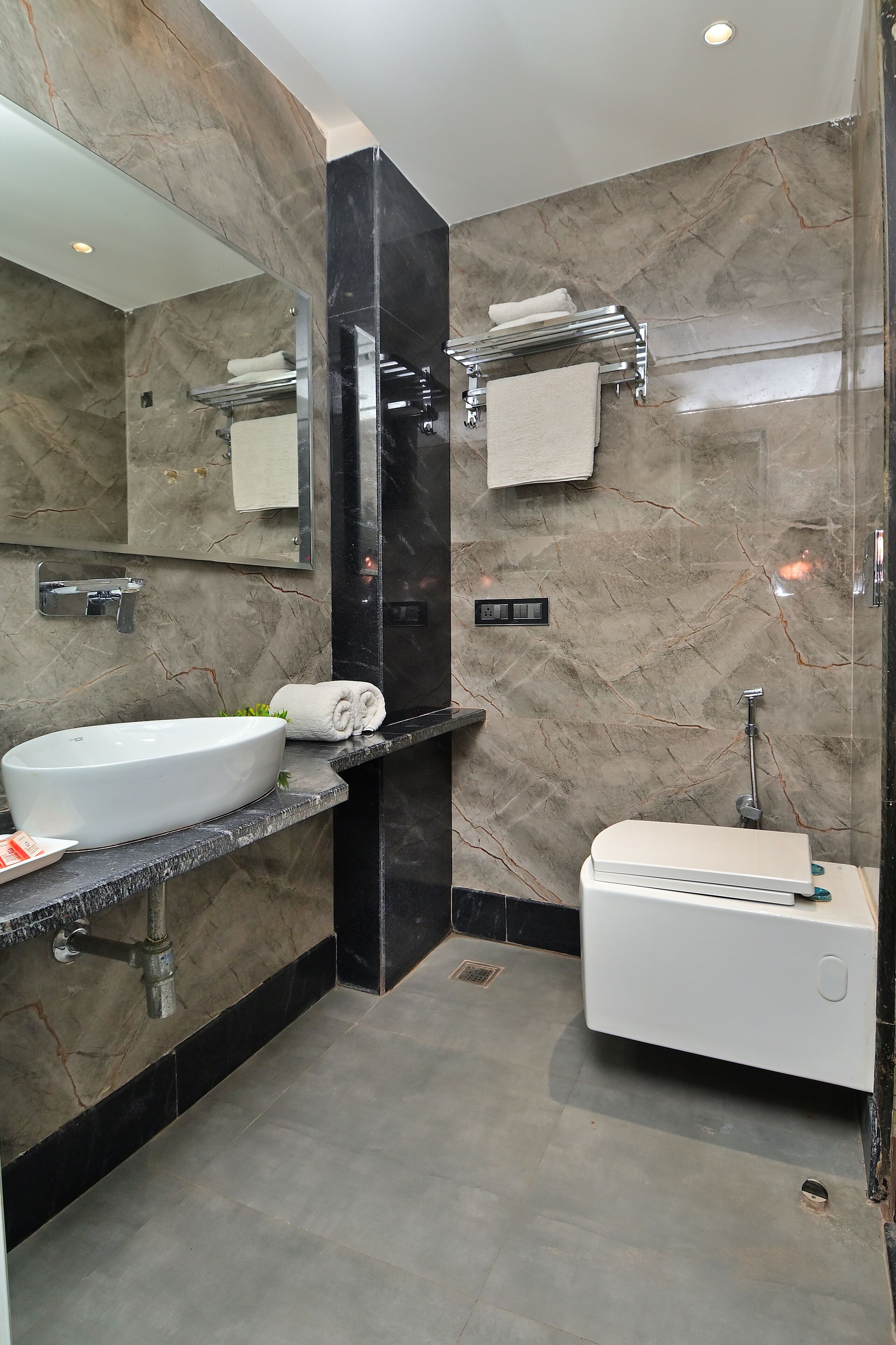 A modern bathroom with a large sink, a toilet, and a glass shower enclosure.