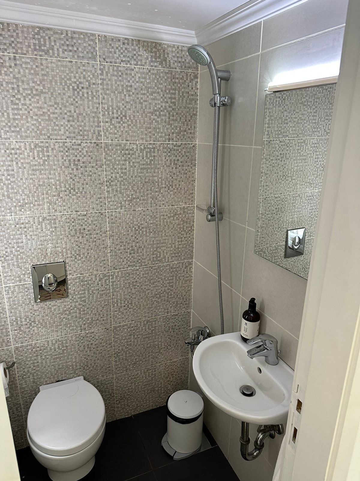 A bathroom with a toilet, sink, and shower.