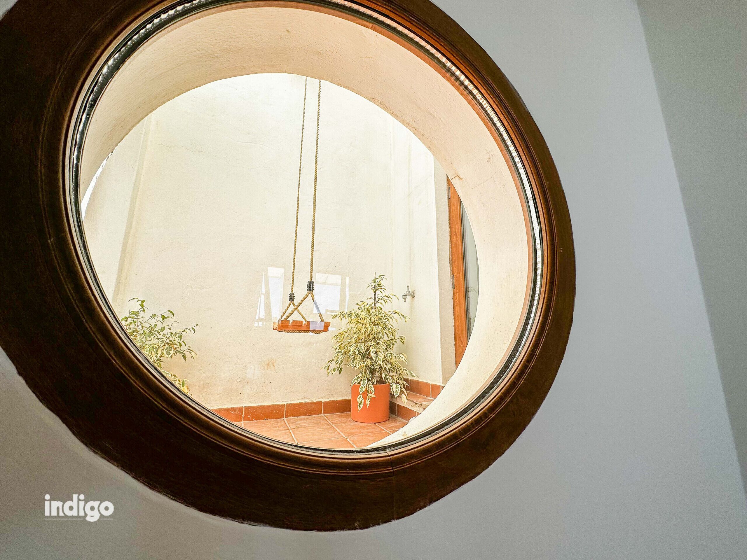 Un mirall circular que reflecteix una habitació amb un balancí, una planta en test i una finestra.