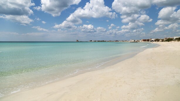 A beach with clear turquoise water, a sandy shore, and a distant town. - 3306 Villino Terracielo su Barbarhouse (Porto Cesareo)