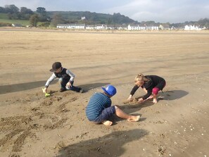 Three people playing on a sandy beach with houses in the background.