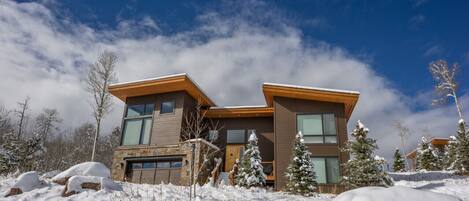A modern two-story house with a garage, surrounded by snow-covered trees and rocks.