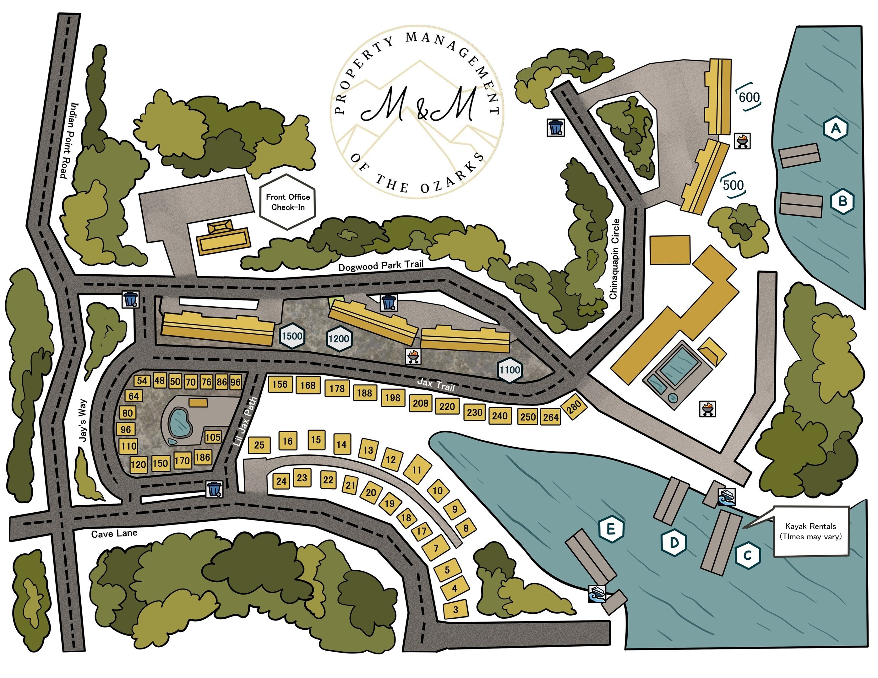 Un plan du terrain indiquant les places de stationnement numérotées, un sentier de promenade dans un parc planté de cornouillers et l’emplacement de la réception.