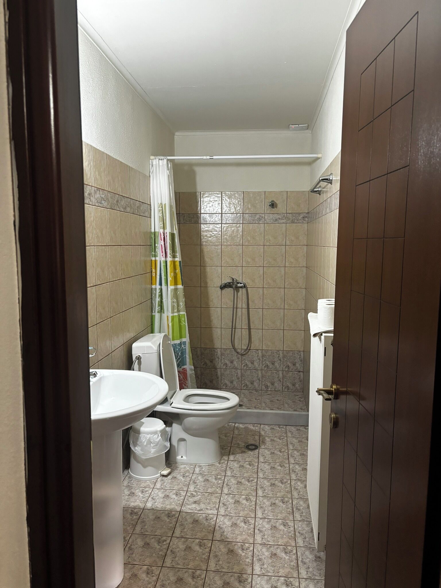 Une petite salle de bain avec des toilettes, un lavabo et une douche.
