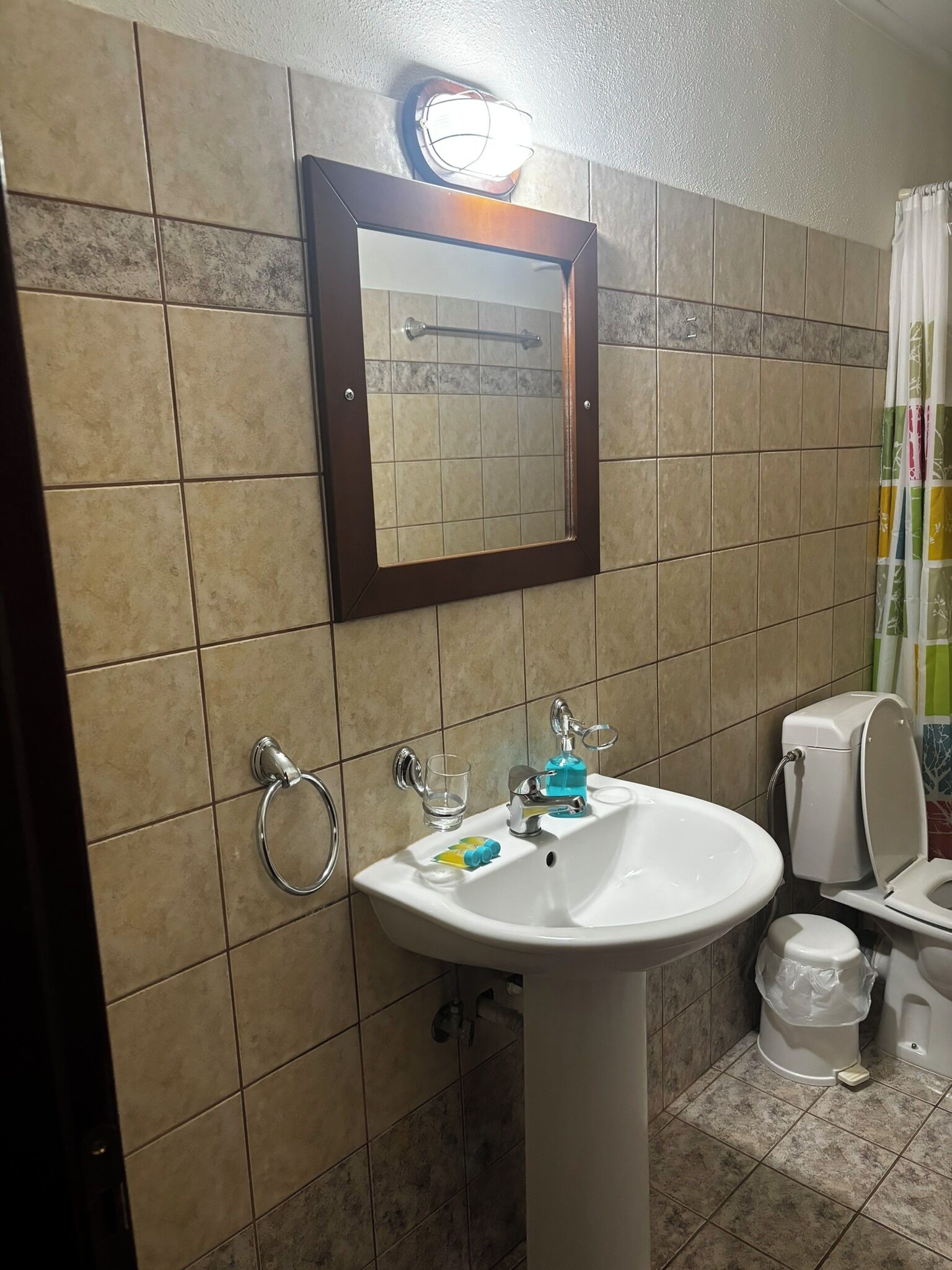 Une salle de bain avec un lavabo blanc, un miroir et des toilettes.