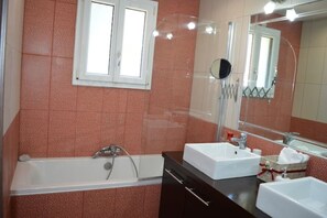 Hair dryer, towels, soap, toilet paper