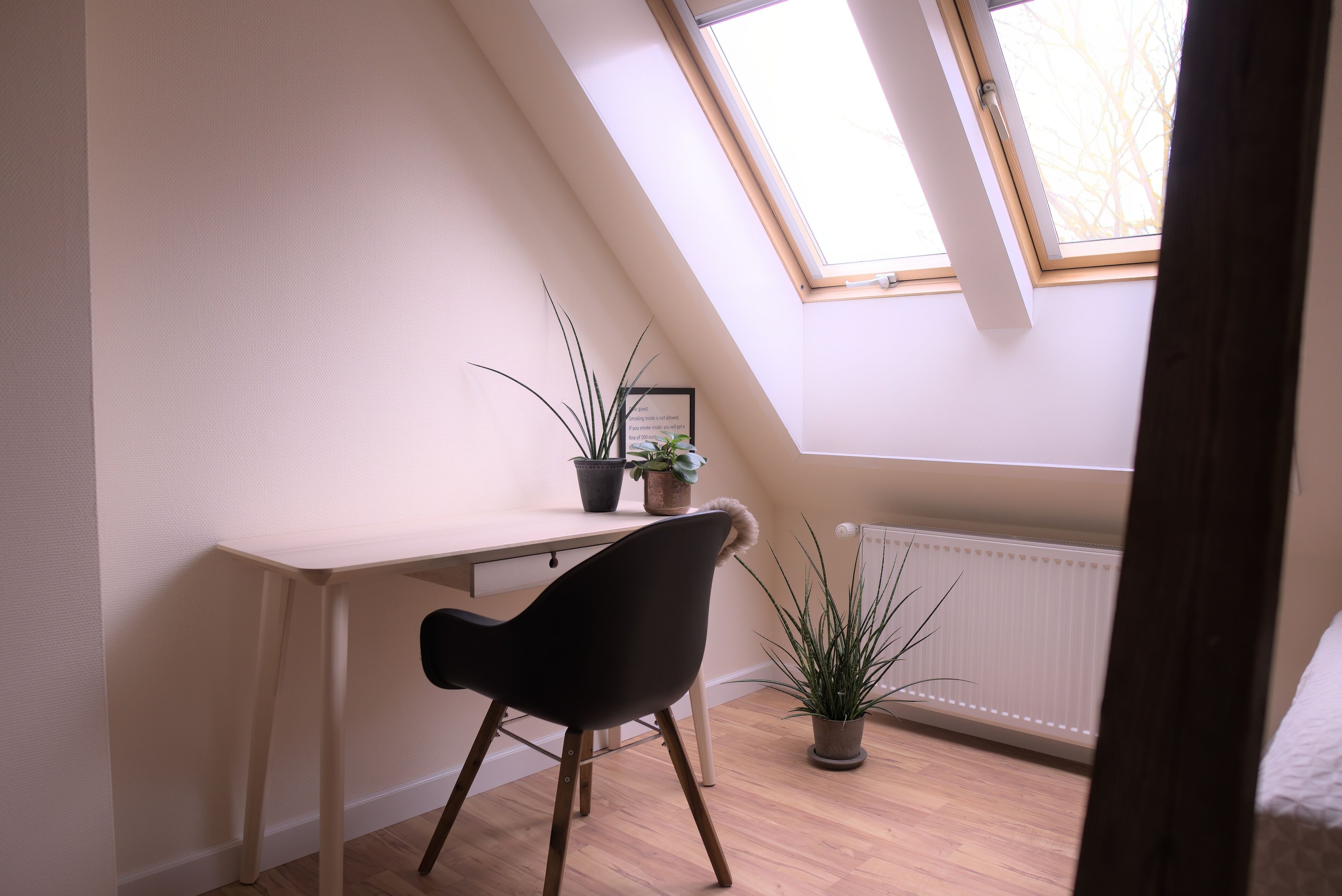 A room with a sloped ceiling, a desk with a chair, two potted plants, and a radiator.