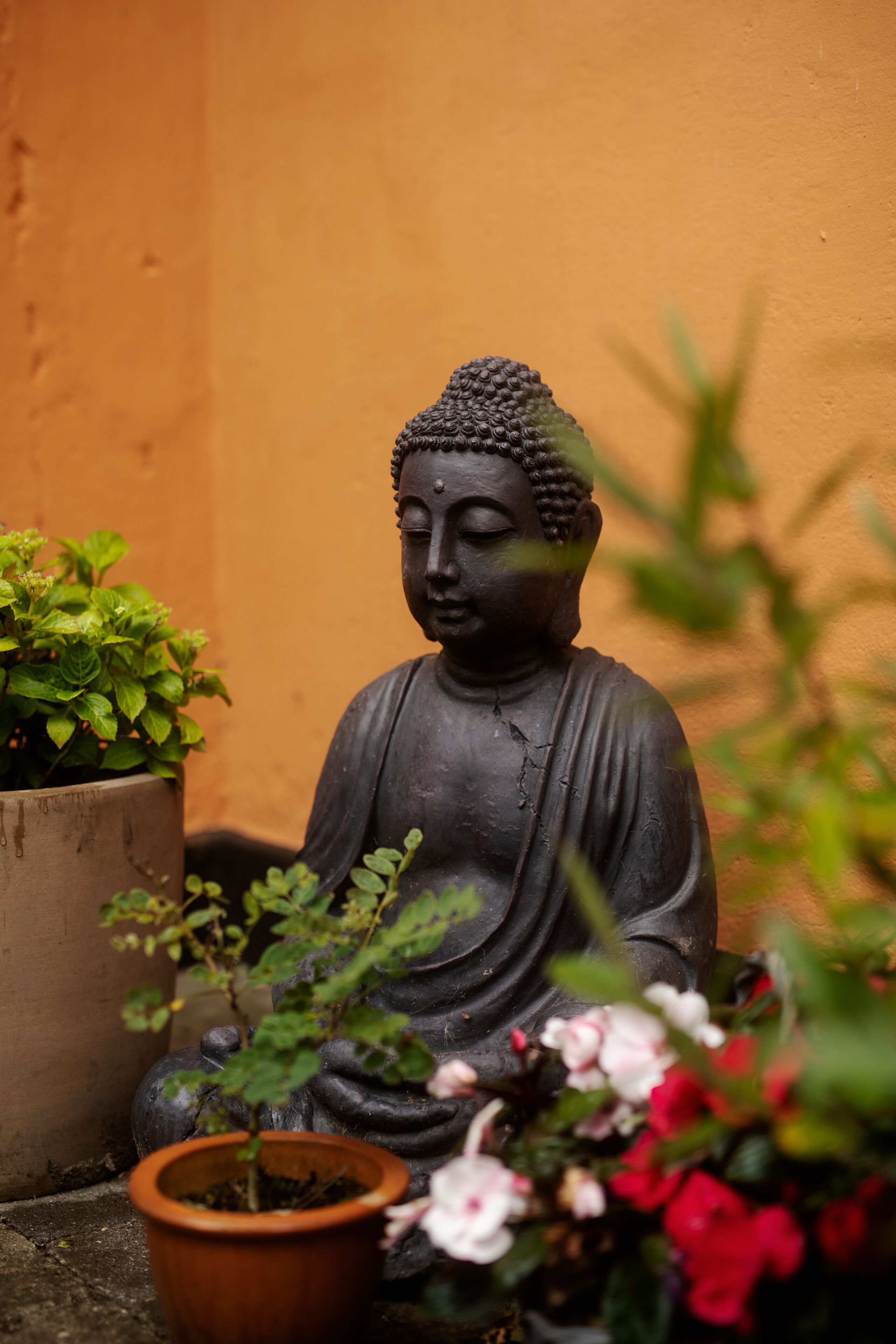 A statue of a seated figure, possibly a Buddha, surrounded by potted plants and flowers.