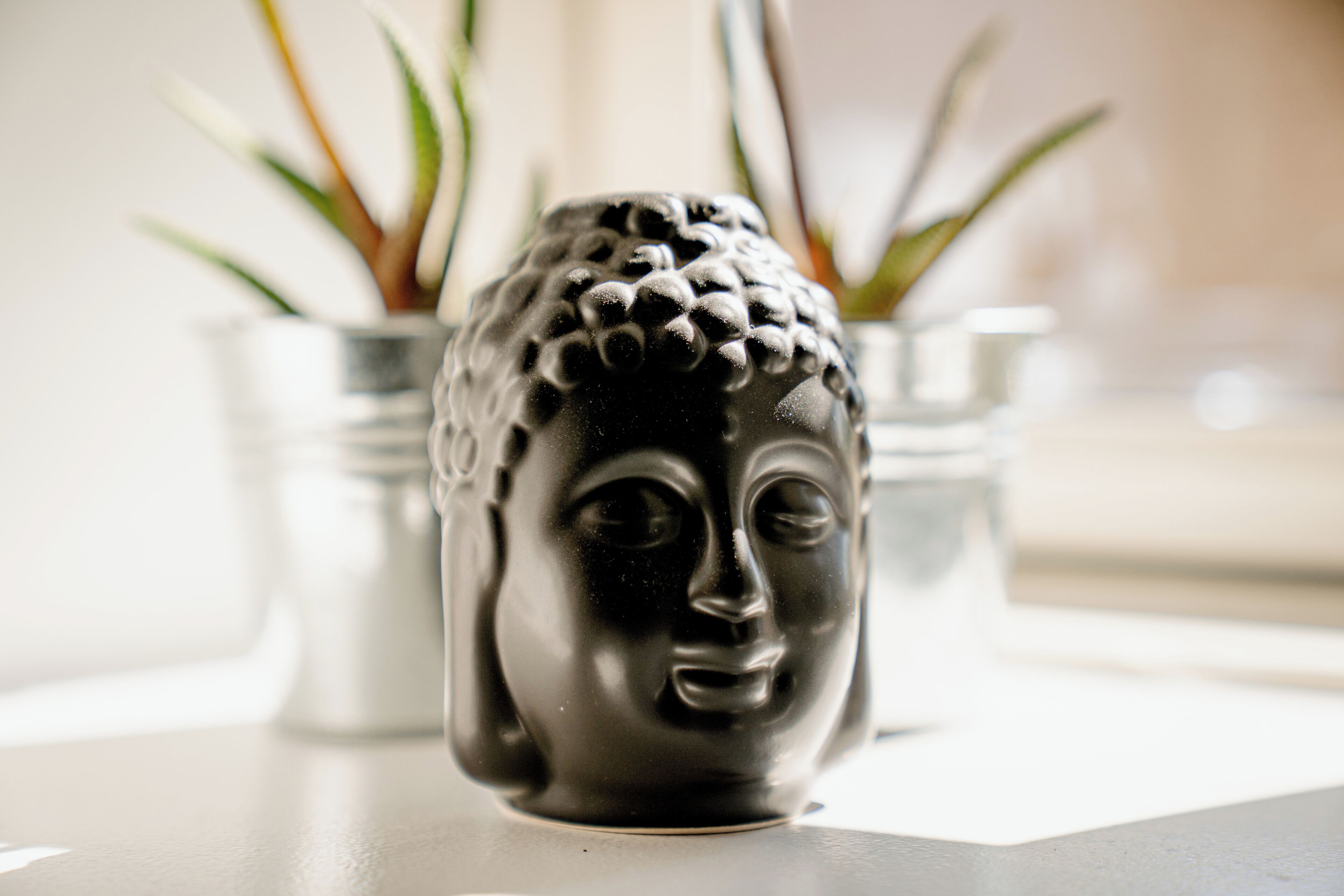 A Buddha head statue on a table with two potted plants in the background.