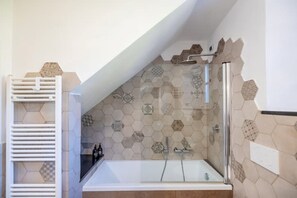Hair dryer, bidet, towels, soap