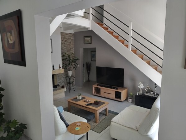 Televisión, chimenea y libros 