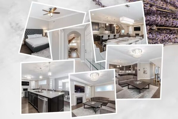 A modern interior with a kitchen, dining area, and living room. - Waterfront Ellite Villa (Milton)