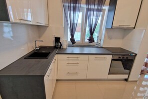 Fridge, oven, stovetop, coffee/tea maker