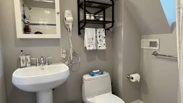 Shower, hair dryer, towels, soap