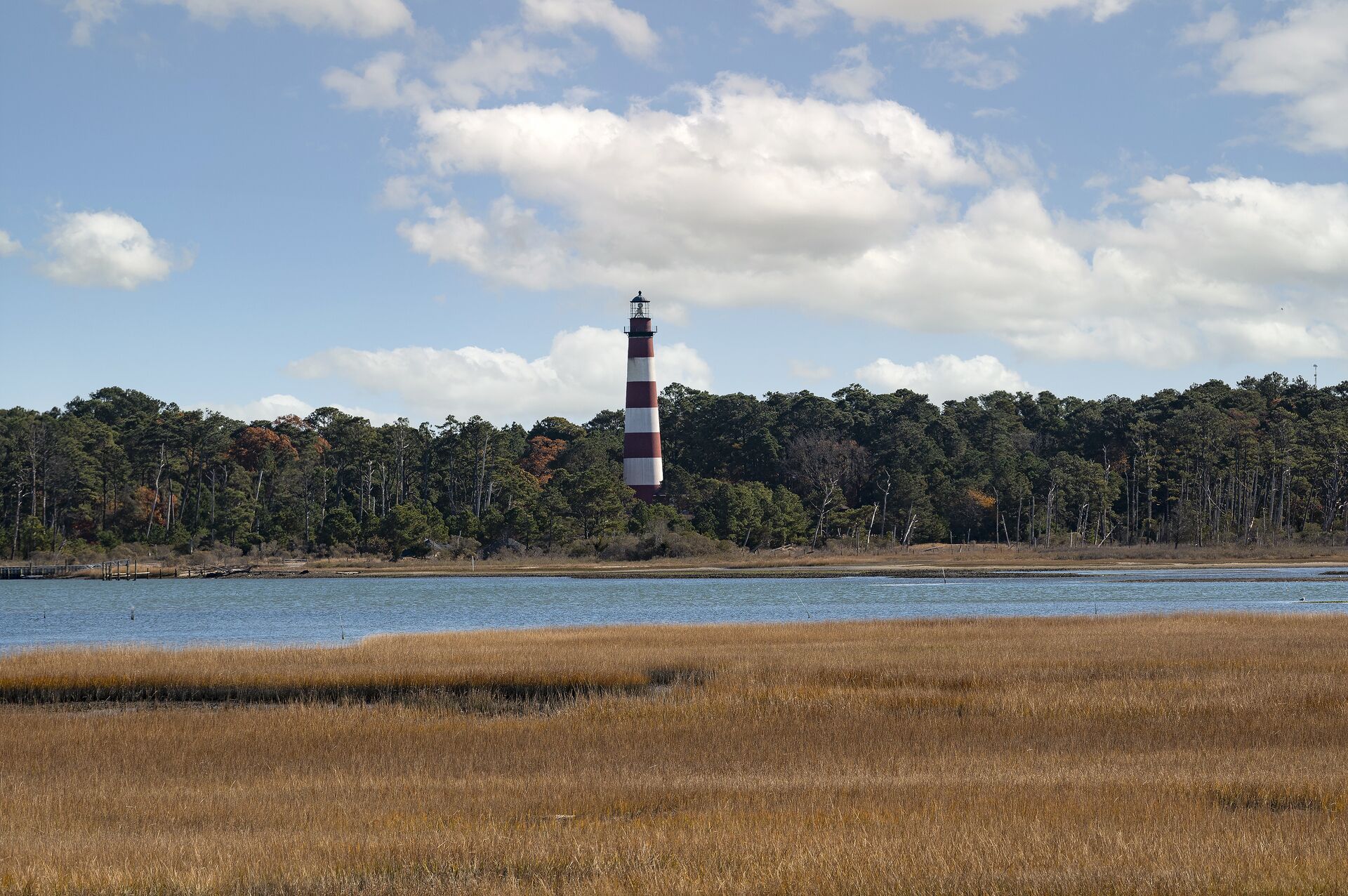 Un faro junto a una masa de agua, con un bosque en el fondo.