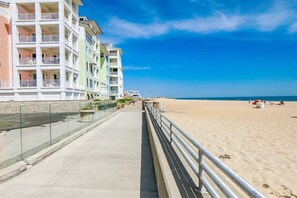 Een boulevard aan het strand met meerlaagsgebouwen, een zandstrand en een helderblauwe lucht.