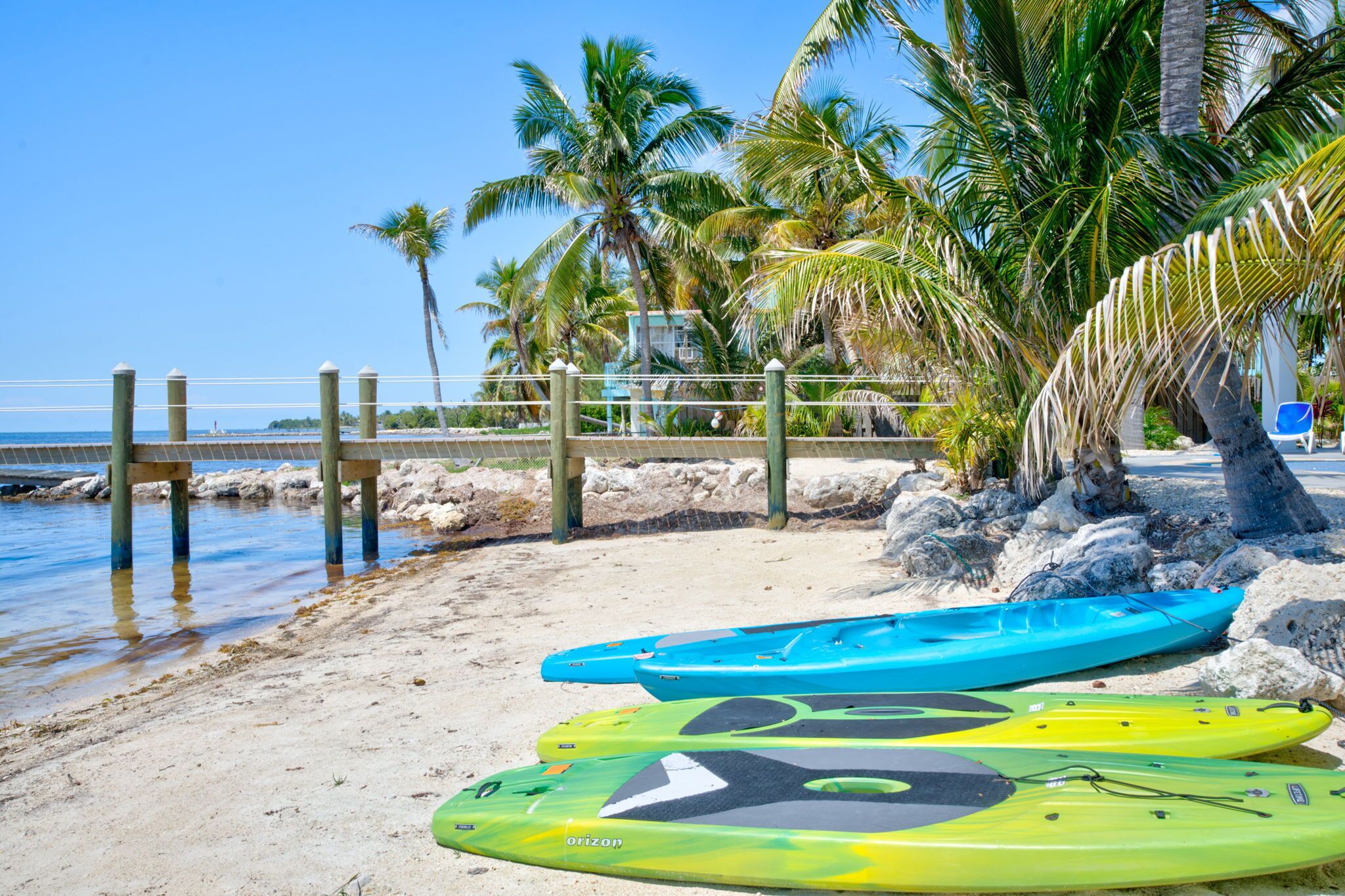 Une plage où l’on aperçoit des kayaks alignés et, en arrière-plan, des palmiers.