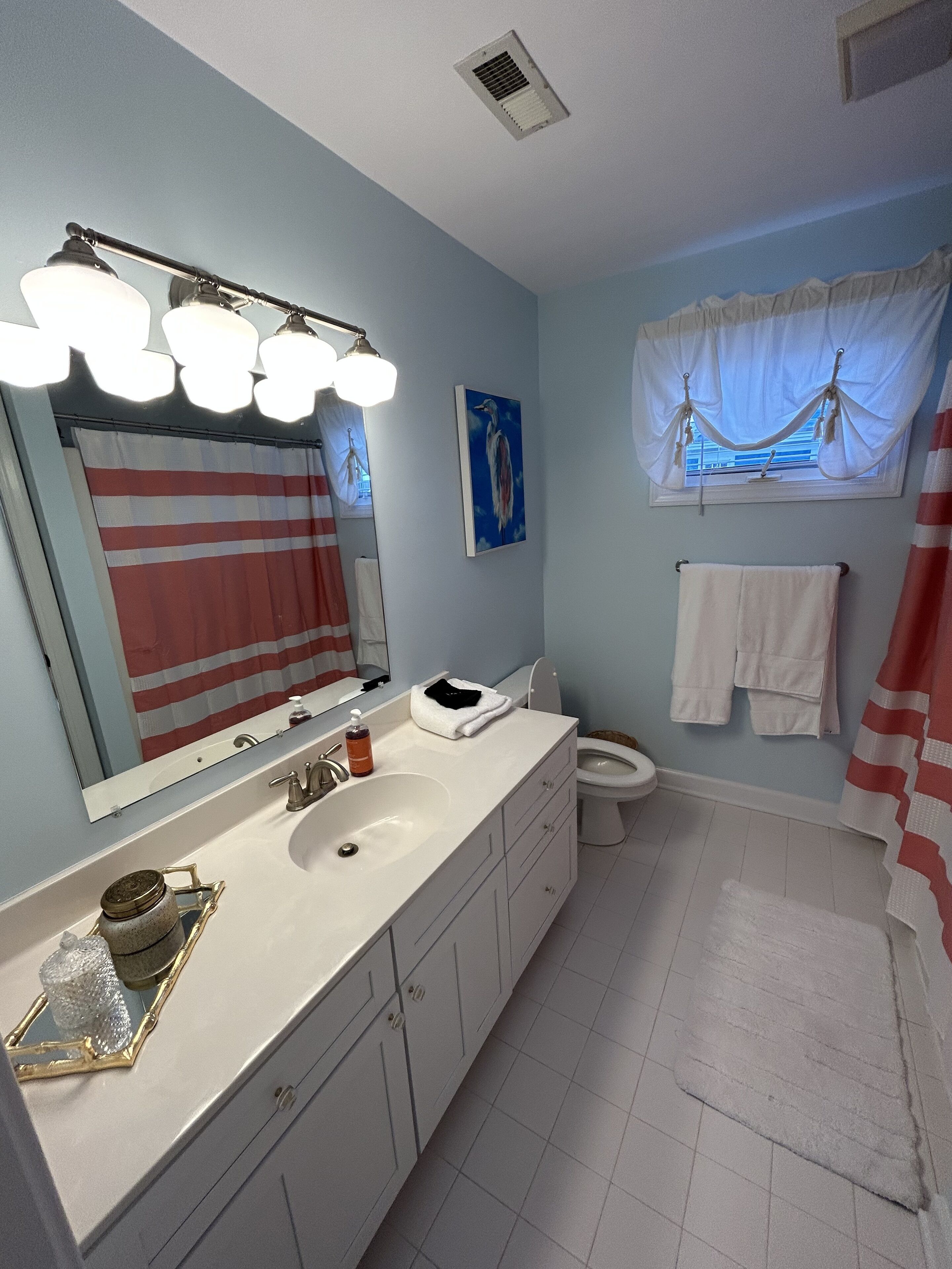 A bathroom with a double sink, a toilet, a shower curtain, a window with curtains, and a mirror with lights.