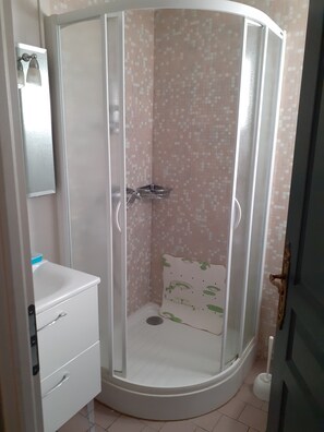 Shower, hair dryer, toilet paper