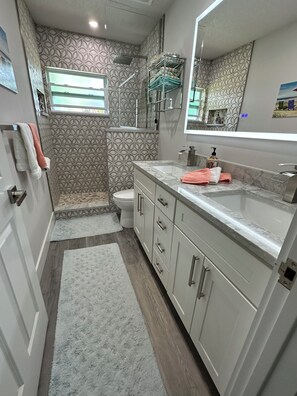 Douche, sèche-cheveux, serviettes fournies, papier toilette