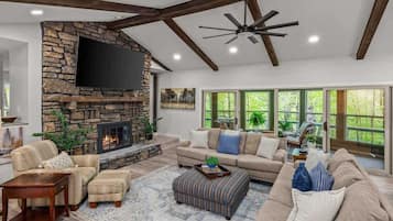 TV, fireplace, books, offices