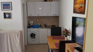 Una cocina funcional con lavadora, una mesa de comedor con sillas, un televisor y una mesita con un jarrón de flores.