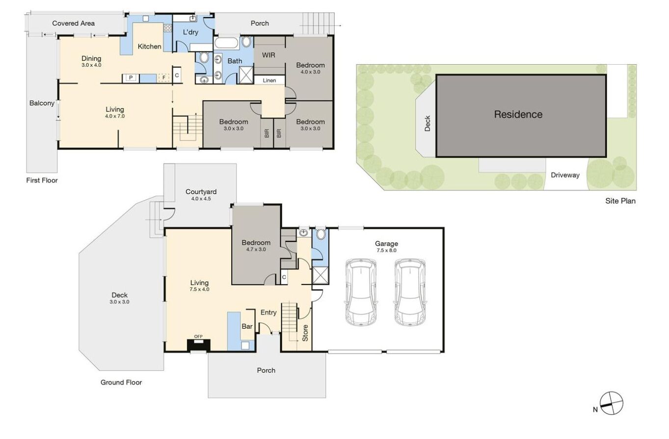 A house layout with a covered area, dining room, kitchen, bedrooms, living room, balcony, courtyard, garage, deck, porch, and entry.
