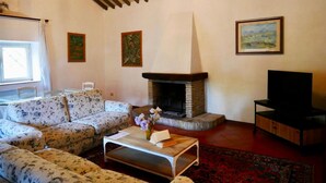 Una sala de estar con chimenea, sofá floral y televisor.