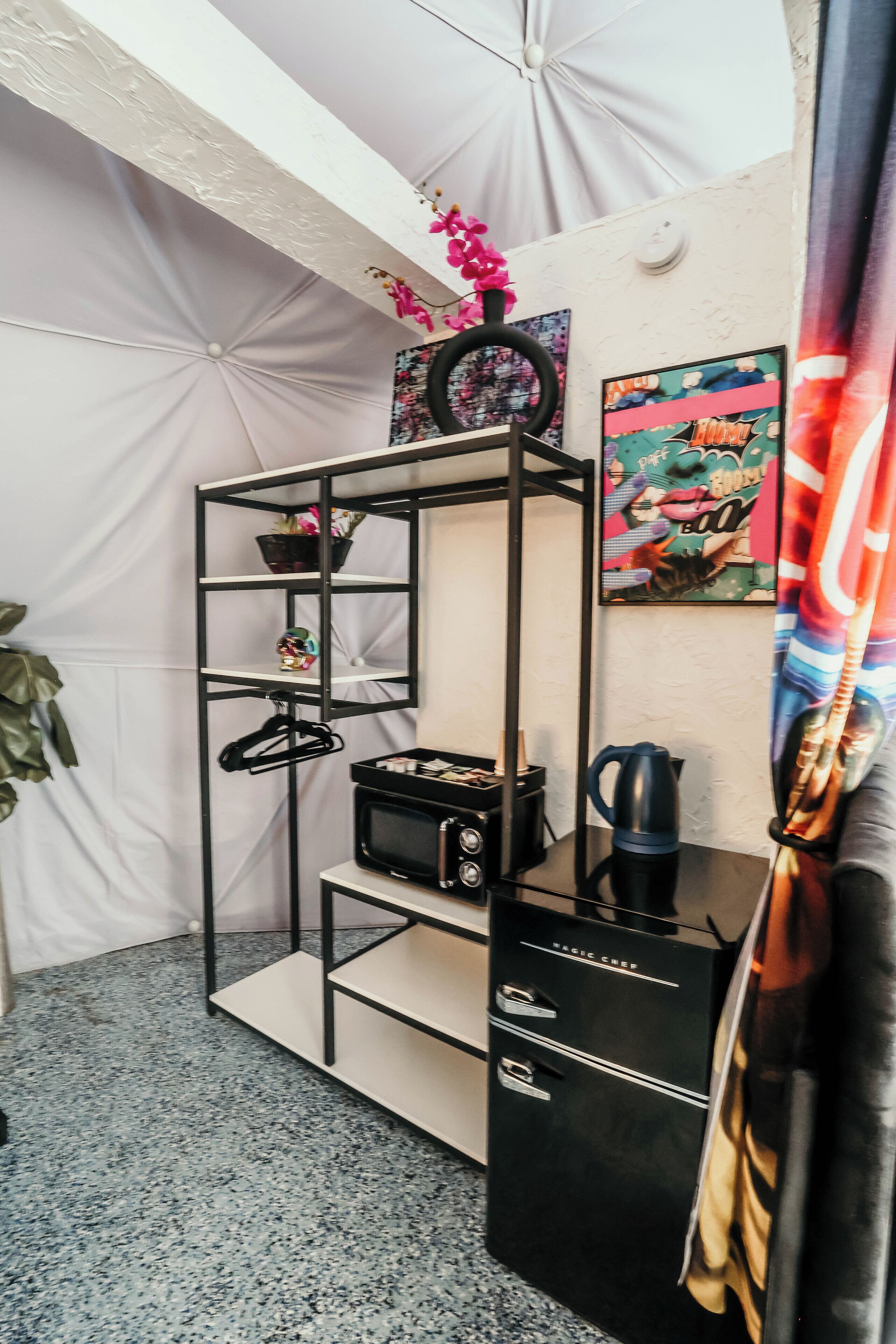 A kitchenette with a black microwave, kettle, and a shelf with plants and a small potted plant.