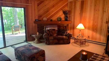 Smart TV, fireplace, books