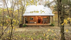 A rustic cabin with a porch, surrounded by trees and fallen leaves. - Hawks Ridge Cabin (Saint James)