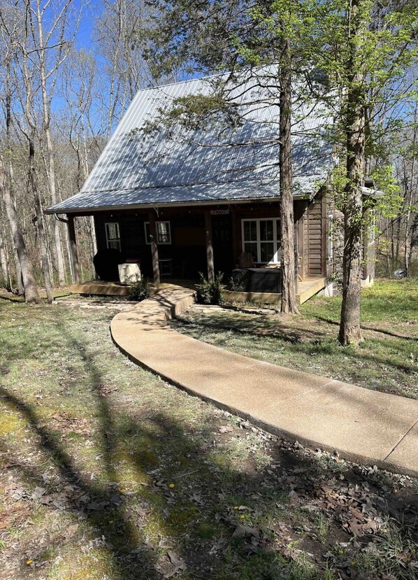 A rustic cabin with a metal roof, surrounded by trees and a concrete path leading to the entrance. - Hawks Ridge Cabin (Saint James)