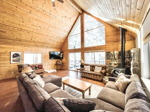 Smart TV, chimenea y libros 