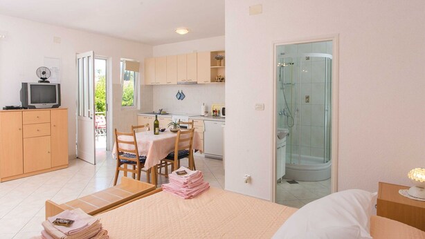 Une pièce de taille modeste comprenant un lit, une petite table avec des chaises, un coin cuisine et une zone douche.