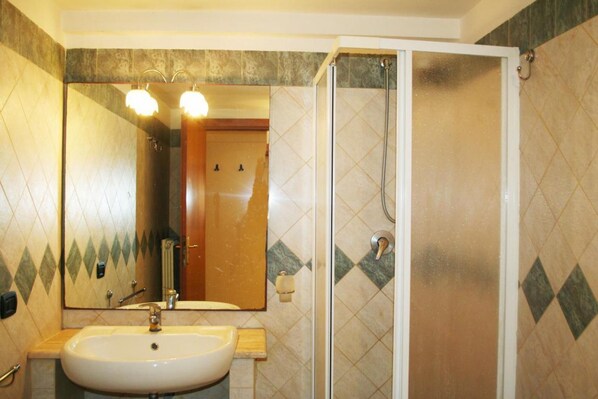 Une salle de bain avec un lavabo, un miroir et une douche.
