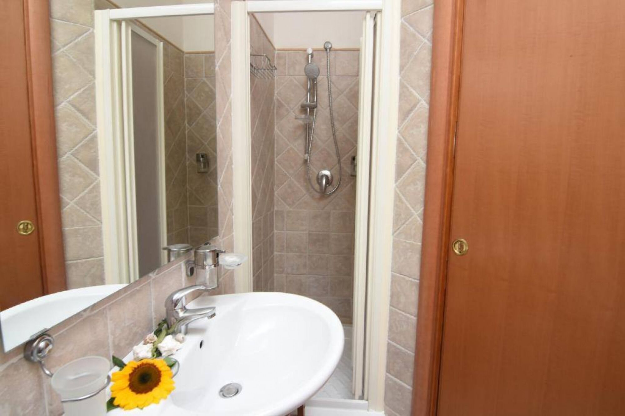 A bathroom with a white sink, a mirror, and a shower.