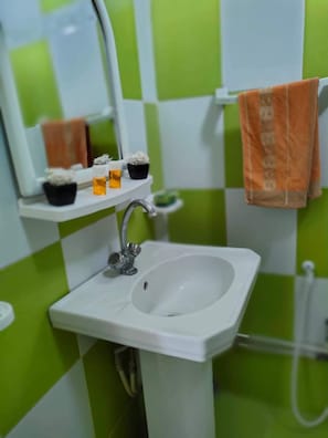 Hair dryer, towels, soap