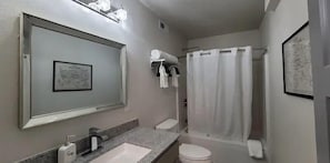 A bathroom with a large mirror, a sink, a toilet, and a shower curtain.