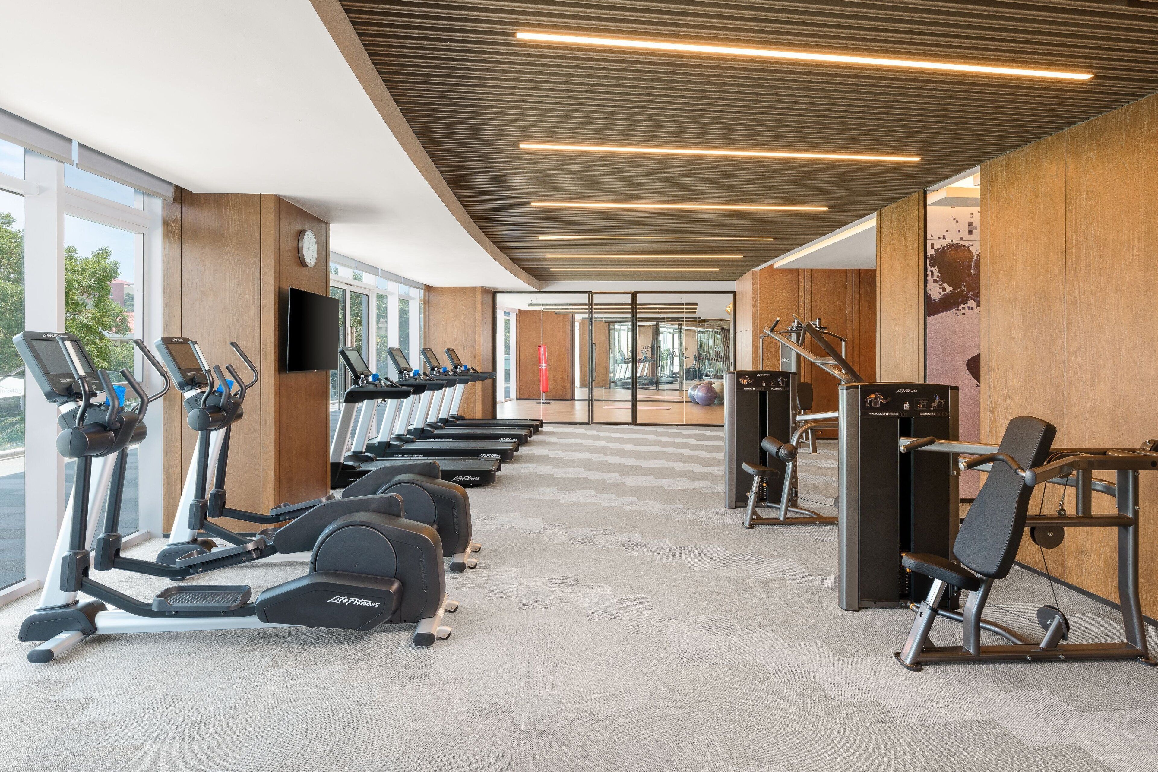 A gym with treadmills, elliptical machines, and weight equipment.