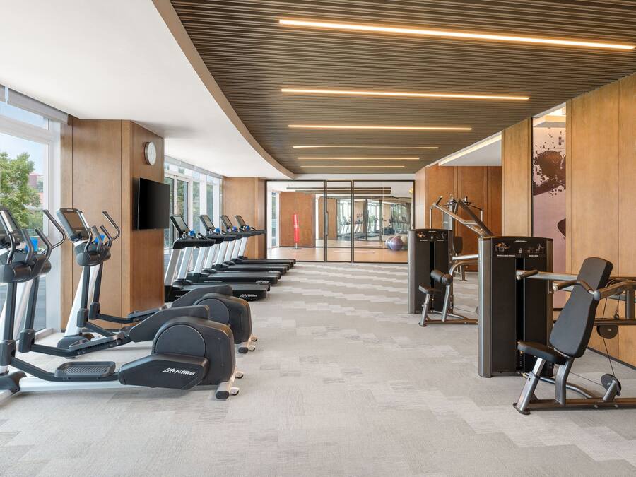 A gym with treadmills, elliptical machines, and weight equipment.