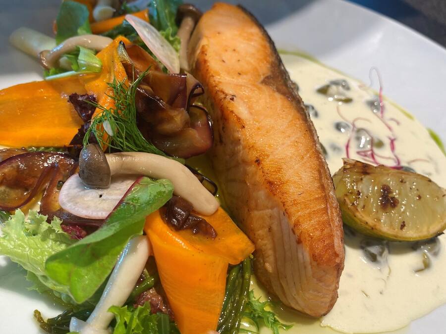 A plate of food with a piece of salmon, vegetables, and a creamy sauce.