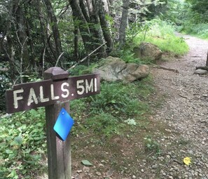 Un poste de madera con la indicación 'CASCADAS. 5MI'.